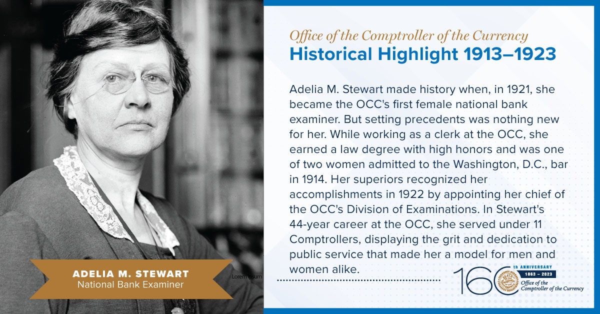 Photo of Adelia M. Stewart who made history in 1921 when she became OCC’s first female national bank examiner. 